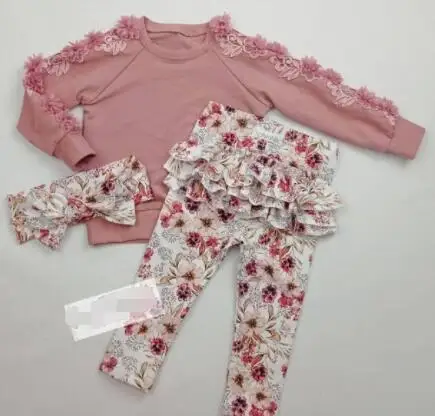 

Autumn 3Pcs Baby Girls Outfits Clothing Sets Newborns Solid Color Lace Long Sleeve O-Neck Tops Floral Printing Pants Headwear