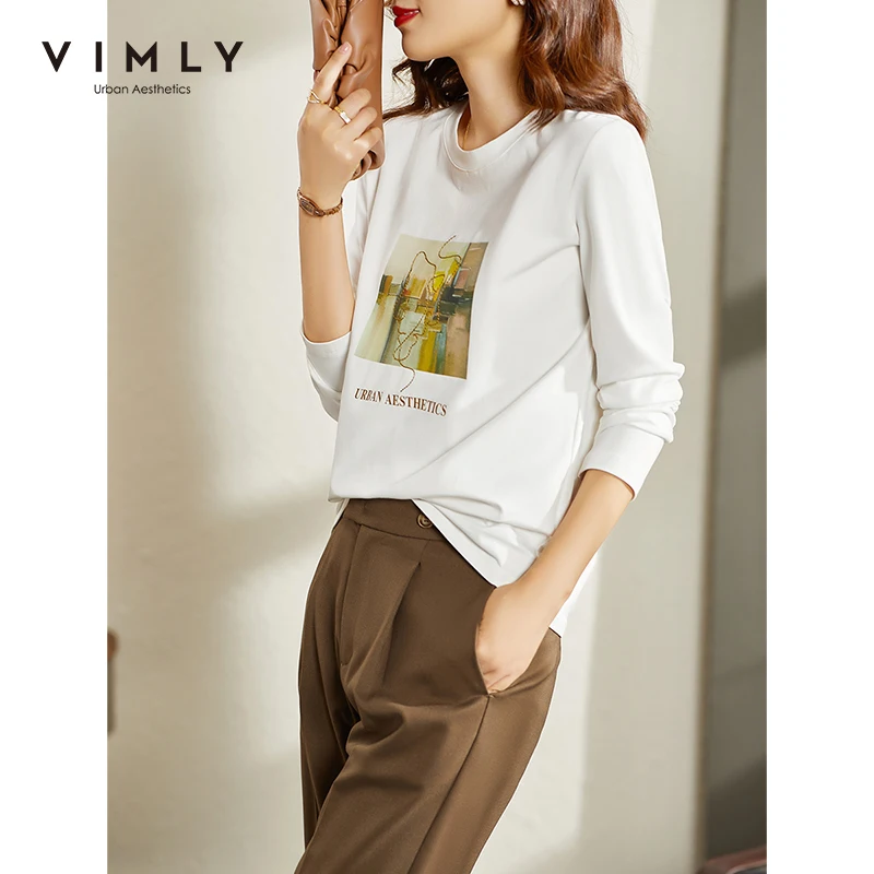 

VIMLY Long Sleeve White T-shirt for Women Spring Autumn 2021 Loose Casual Cotton Comfortable Tshirt O-neck Female Tops F9588