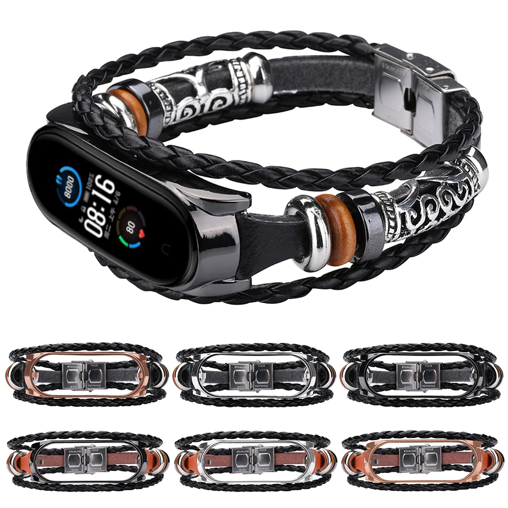 Ремешок кожаный в этническом стиле для Xiaomi Mi Band 5 / NFC винтажный браслет с бисером