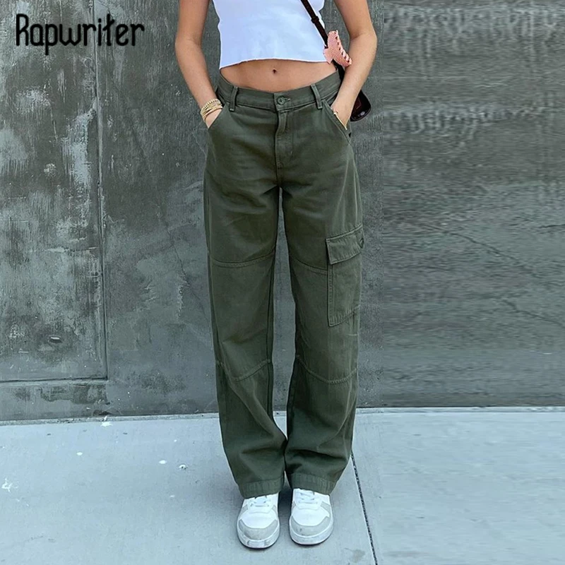 

Rapwriter y2k Streetwear Cargo Pants Vintage Pocket Baggy Jeans Casual Low Waisted Straight Pants Women Denim Pants 90s Clothing