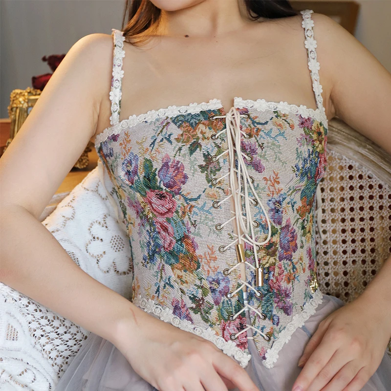 Французский винтажный корсет топы для ношения сексуальный с цветочным принтом