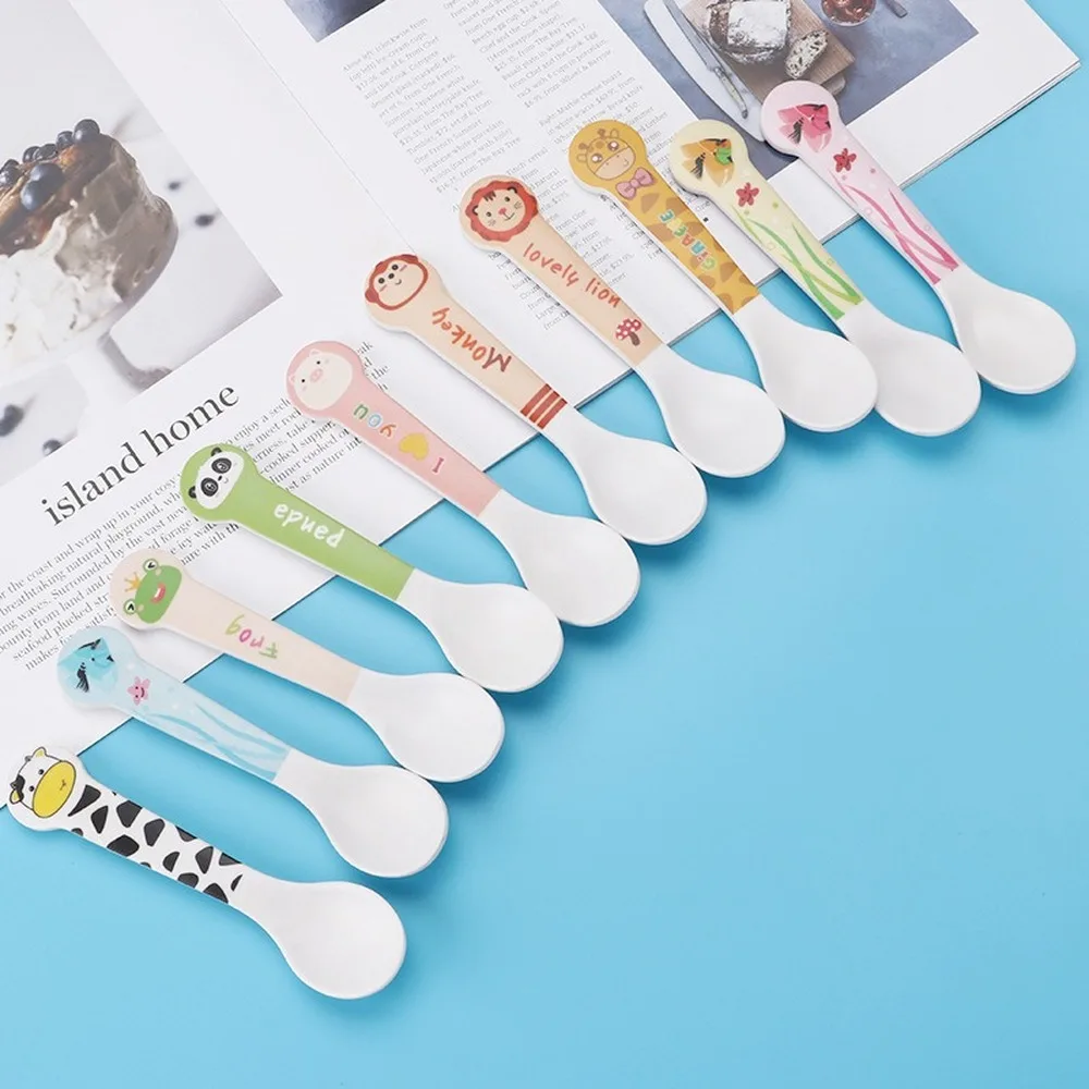 2 Pcs Cute Cartoon Pattern Bamboo Fiber Dinner Fork Spoon Set Children's Baby Kids Food Picks Solid Feeding Tableware Cutlery | Дом и сад