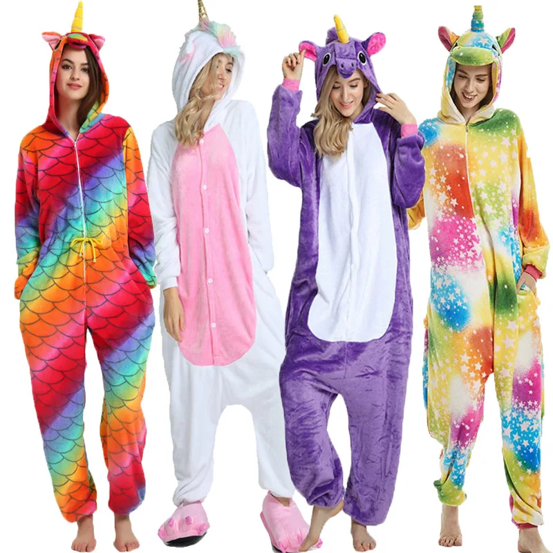 New Unicorn Pajama Winter Adults Women Animal Kigurumi Pajamas Sets Cartoon Nightie Stitch Shark Panda Flannel Sleepwear | Женская