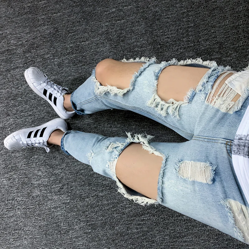 Джинсы мужские летние большого размера с большими дырками трендовые штаны в