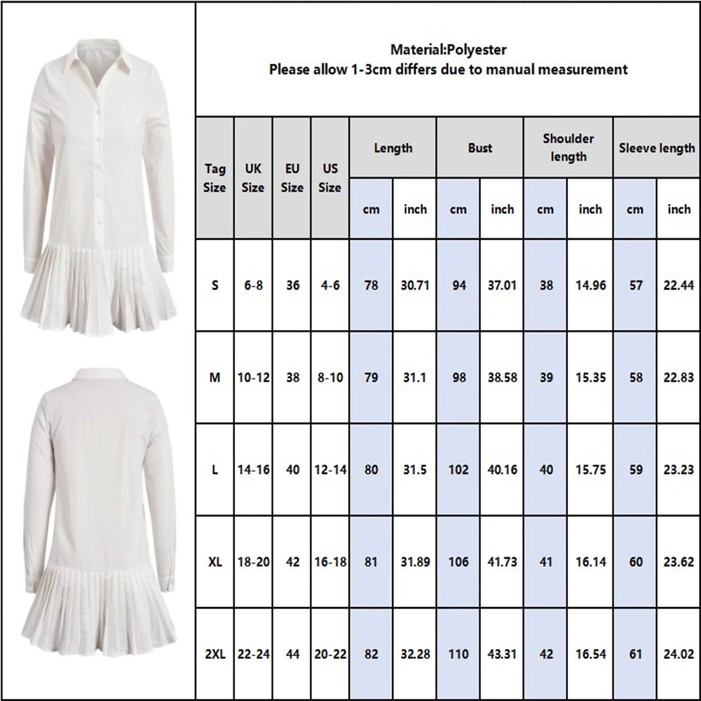 

Women's Lapel Long-Sleeved Shirt Dress Pleated Slim Solid White Mini Dress Fall 2021 Fashion Buttons Tops Spring Female D30
