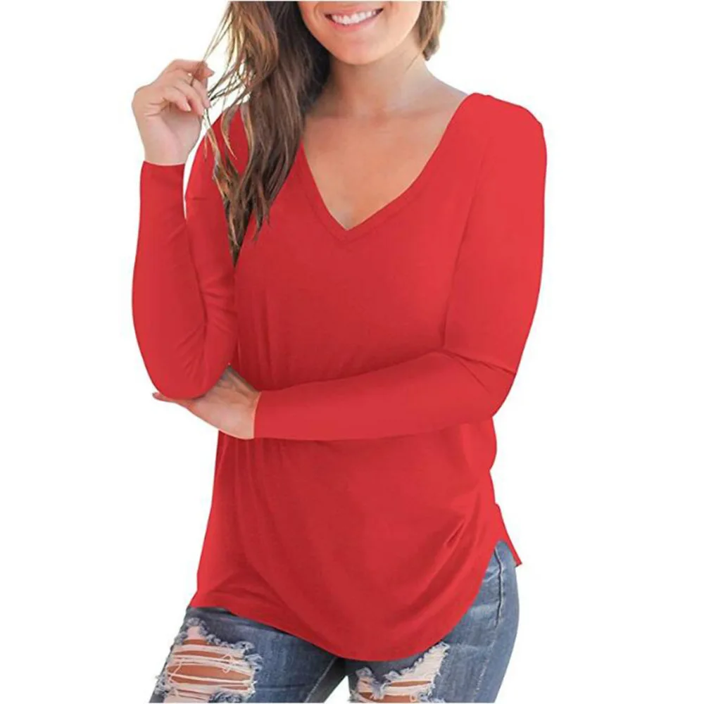 

Ursuper Women's Clothing Solid Color Bottoming Shirt Wish New V-neck Long Sleeve Women's T-shirt Women