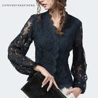 women lace blouses close fitting tops long sleeve v neck hollow out hook floral solid color elegant vintage ladies casual shirts