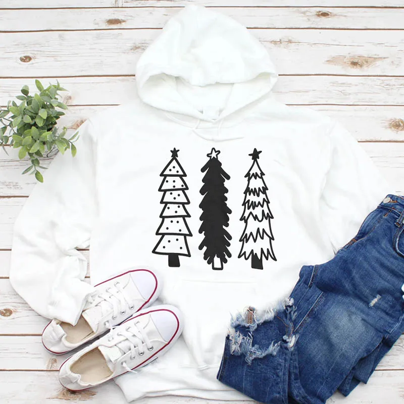 

Winter Female Sweatshirt Hoodies Clothing for Women Simple Tree Printing Happy 90s Holiday Merry Christmas Clothes Pullovers