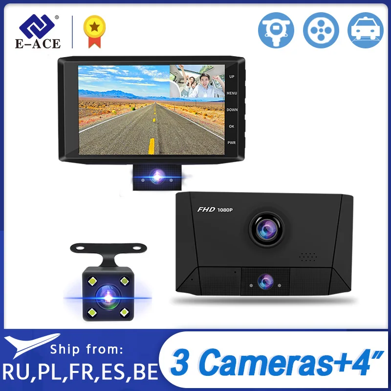 E-ACE B13 Автомобильный видеорегистратор 4 0 дюймов Dash Cam 3 объектив камеры Авто