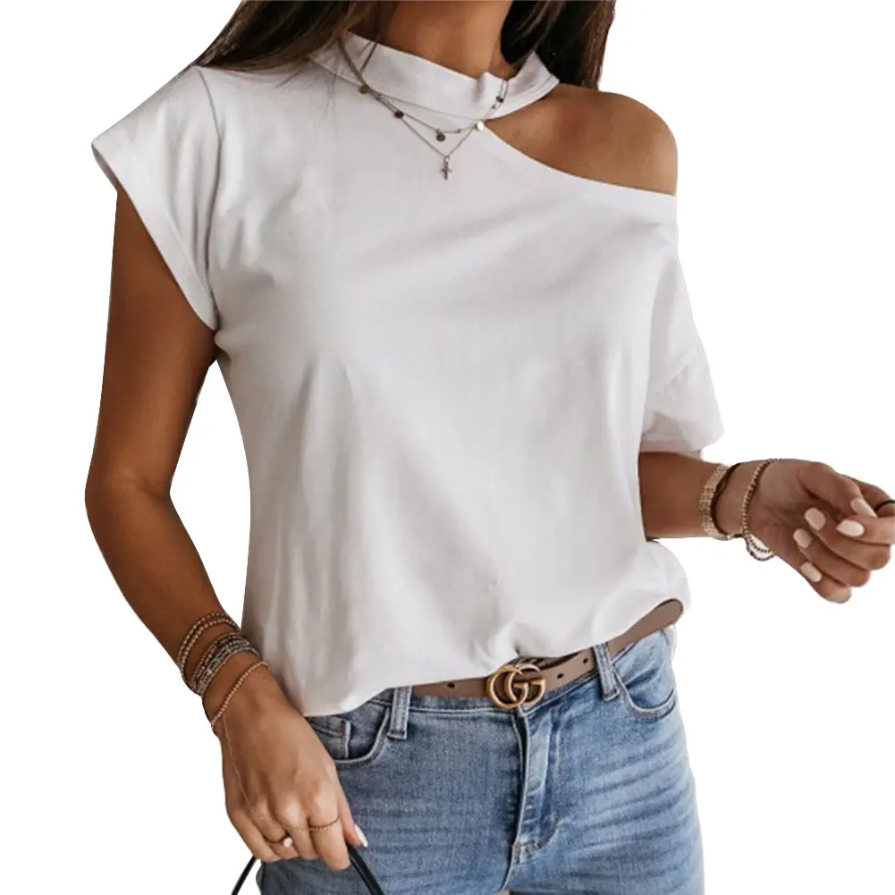 Женская футболка на одно плечо белая однотонная черная с коротким рукавом и