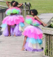 two piece colorful high low prom dresses puffy tiered tulle skirt rainbow sleeveless runway cocktail party gown special occasion