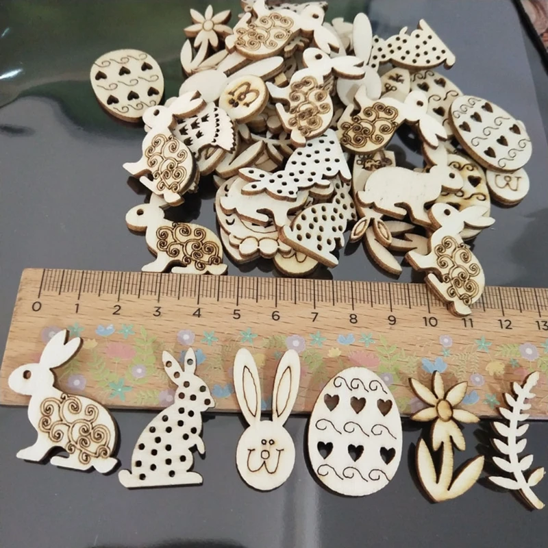 

100pcs Happy Easter Rabbit Eggs Wood Chips Carved Embellishment Hanging Ornament 69HF