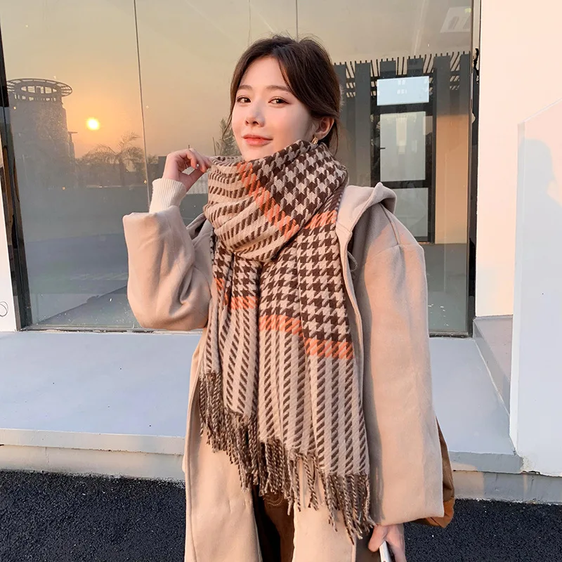 

Luxury Women Imitation Cashmere Line Plaid Scarf Fringed Female New Style Korean Double Sided Plaid Warm Shawl Autumn and Winter