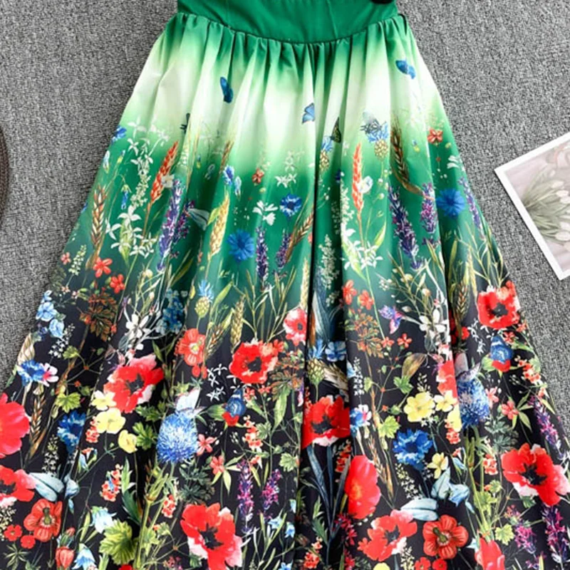 

021 New Printing High Waist Pleated Skirt Women Spring Summer Midi Skirts Womens Elastic Waist A Line Long Skirts For Women