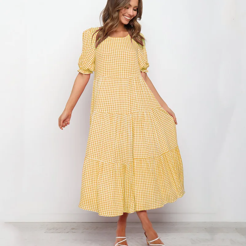 

Women Summer Plaid Polka Dot Print Maxi Dress O Neck Short Puff Sleeve Ruffles Elegant Beach Party Dresses Vintage Loose Dress