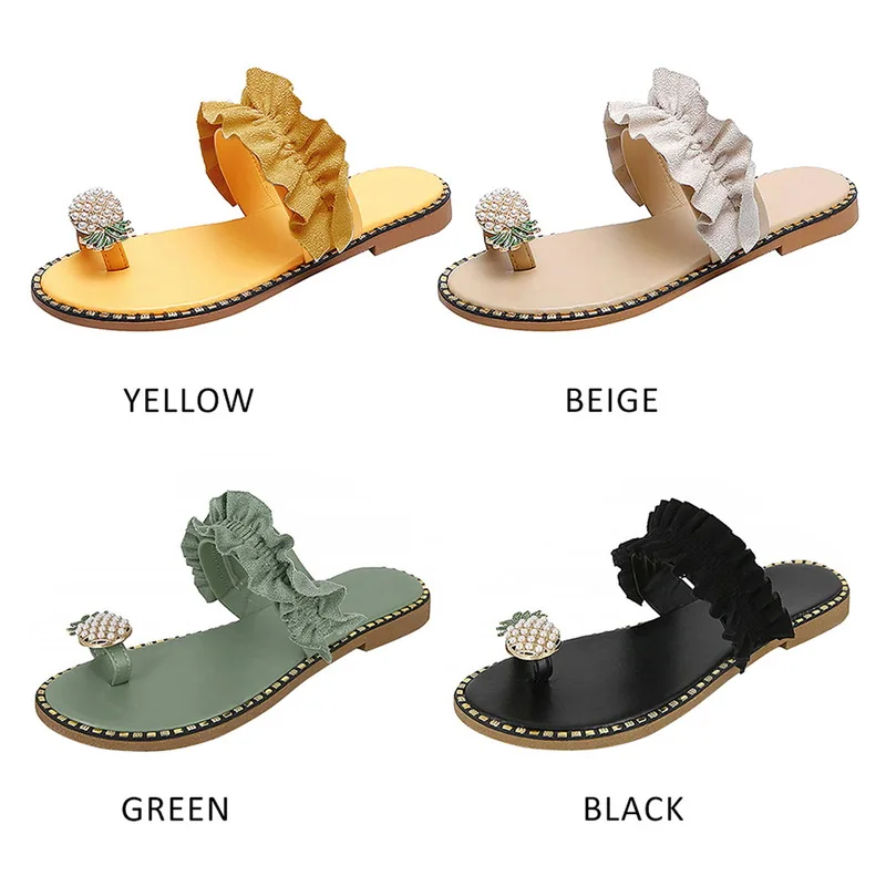Women Slipper Pineapple Pearl Flat Toe Bohemian Casual Shoes Beach Sandals Ladies Platform Sandalias De Mujer 2020 | Обувь