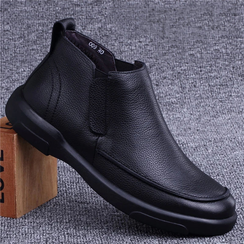 

Мужские повседневные ботинки челси большого размера, теплая хлопковая зимняя обувь, черные плюшевые ботильоны на платформе для снега, мужс...
