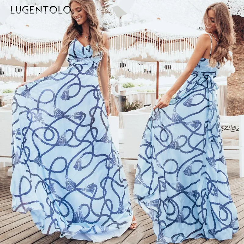 

Сексуальное женское платье Lugentolo с открытой спиной без рукавов, тонкое длинное повседневное летнее платье с принтом в стиле ампир