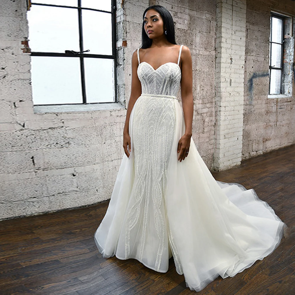 

African Strapless Spaghetti Strap Wedding Dresses for Brida Sleeveless Floor-Length Sweep Train Ivory Bridal Gowns Embroidery