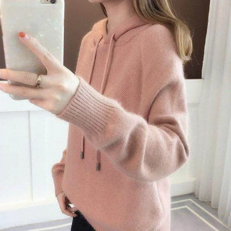 Женские однотонные трикотажные толстовки на шнурке осенне зимние корейские с