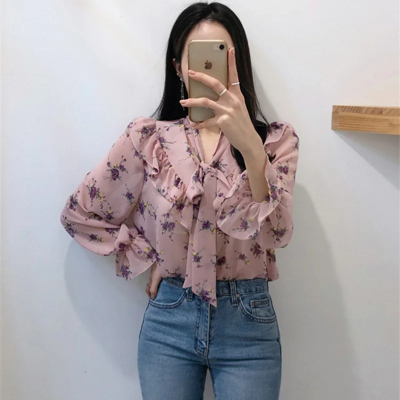 Fashion Printed Bow-neck Loose Women Blouses Shirts Flare Sleeve Lace Up Ruffles Female Tops Shirts 2020 Summer Casual Blusas