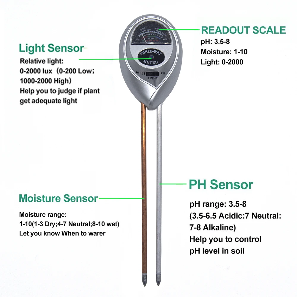 3 in 1 Soil PH Meter Sunlight Tester Plants Acidity Humidity Monitor Detector Garden Flowers Moisture Sensor | Инструменты