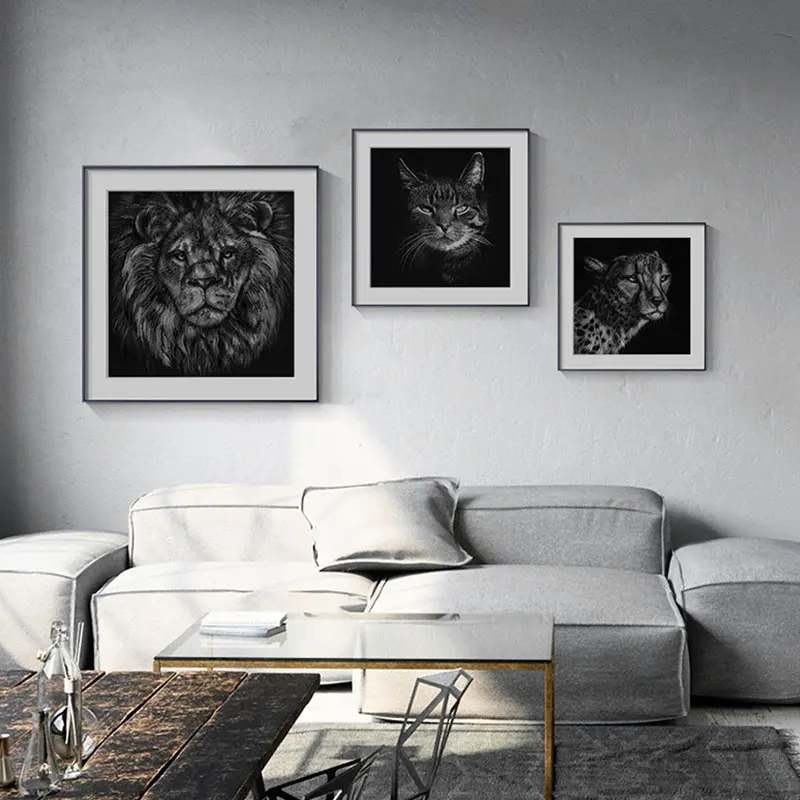 Вдохновляющие картины Лев кот обезьяна холст искусство на черном фоне