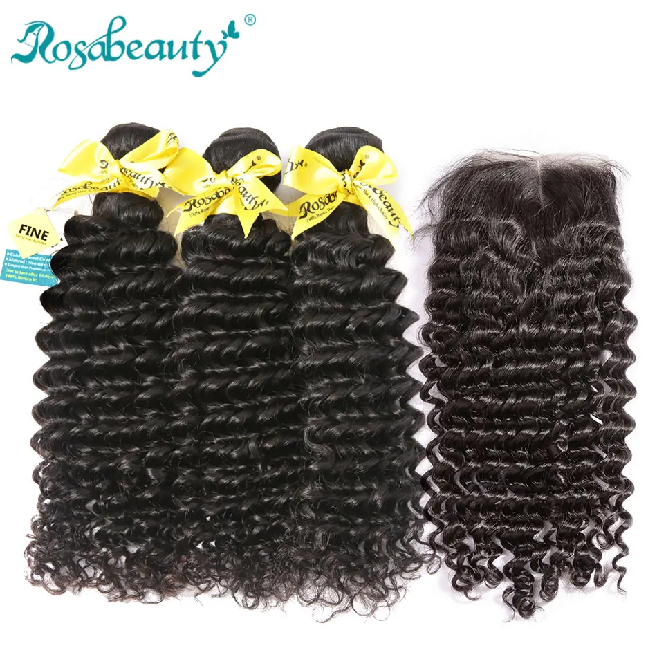 RosaBeauty 8A бразильские глубокая волна 3 пучка с закрытием фронтальная 8-3" 28 30 дюймов вьющиеся волосы Remy плетение с кружевом
