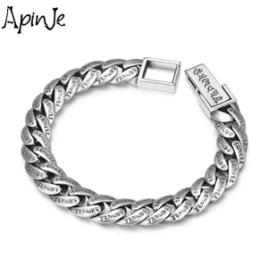 Apinje Vintage 925 Sterling Silver Bracelet for Men Six Words Mantra Gothic Punk Fashion Jewelry
