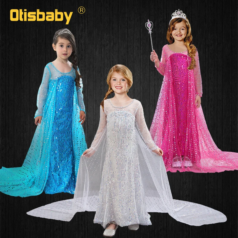 White Blue Elsa Dress for Girls Floor Length Long Tail Dresses Princess Up Halloween Carnival Cosplay Costume Child | Детская одежда и