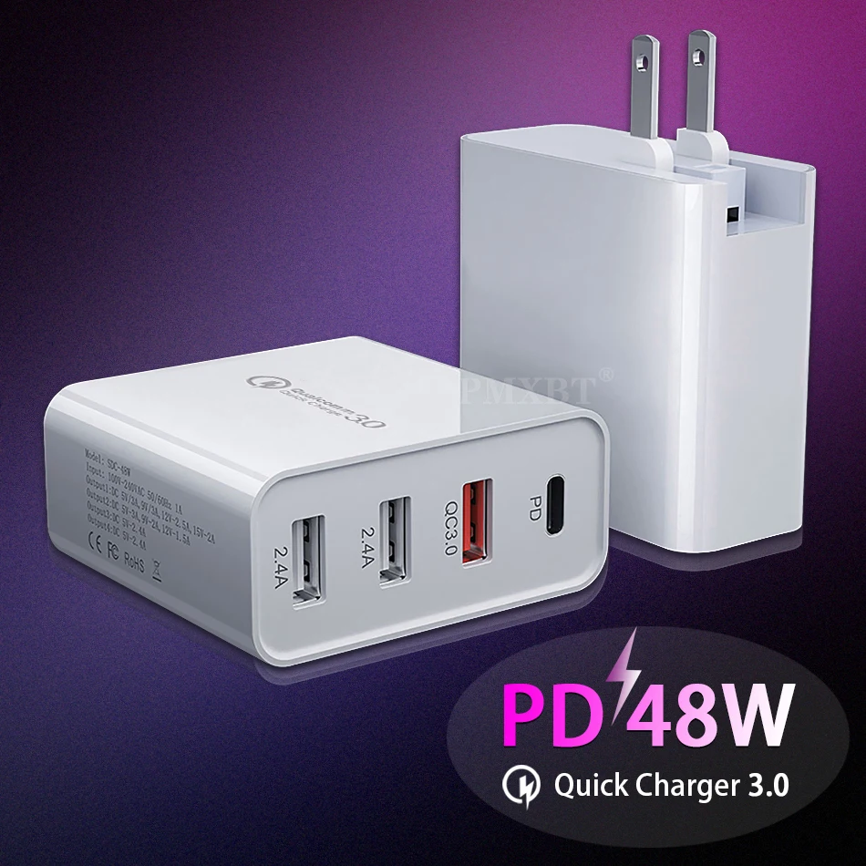 

48W QC 3.0 Quick Charger 3.0 PD Type C USB Charger For iphone Samsung Huawei Tablet Fast Wall Charger US EU UK AU Plug Adapter
