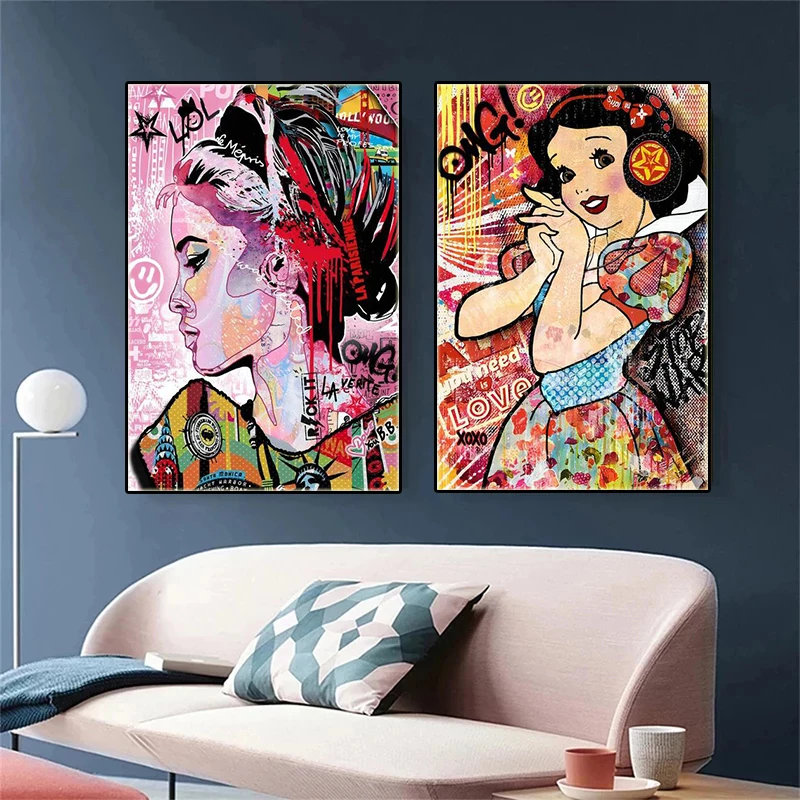 

Graffiti Art Disney Snow White Comics Poster And Prints Princess Movie Canvas Paintings Figure Picture for Girls Room Home Decor