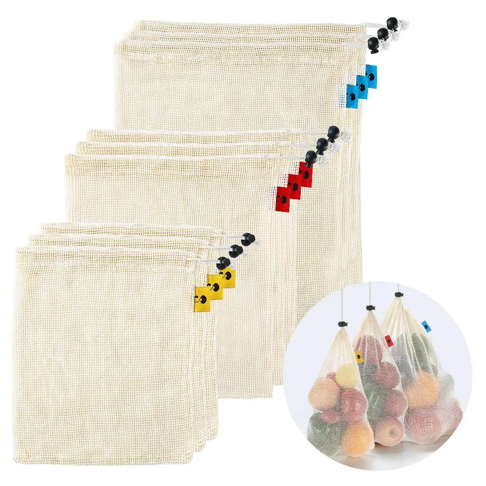 Хлопковые многоразовые продуктовые сумки натуральные прочные сетчатые