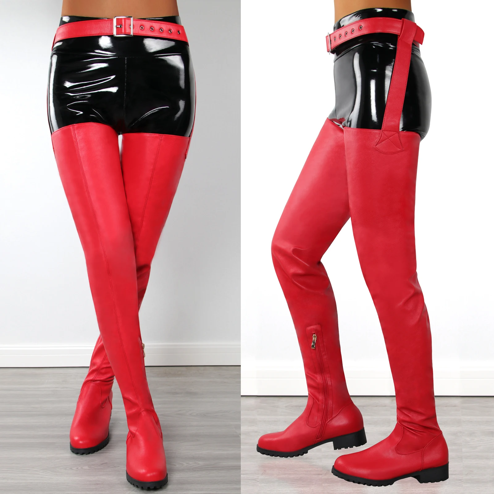 Lady Sexy Black Long Belt Botas Over The Knee Thigh High Boots Women Round Toe Flat Bottom Side Zipper Plus Size Winter Shoes