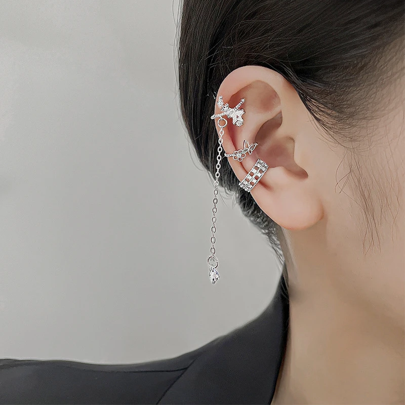 

Shiny Zircon Five-pointed Star Tassel Ear Bone Clip Earrings for Women Fashion Hollow Butterfly Flowers Ear Clip Cuff Jewelry