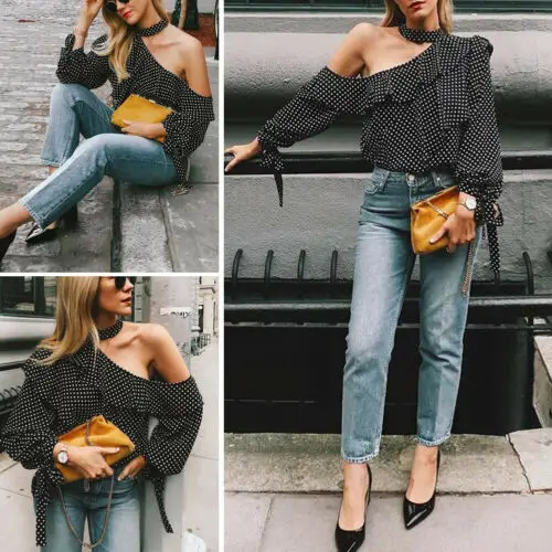 Женские блузки с длинным рукавом и открытыми плечами оборками волнистым узором в