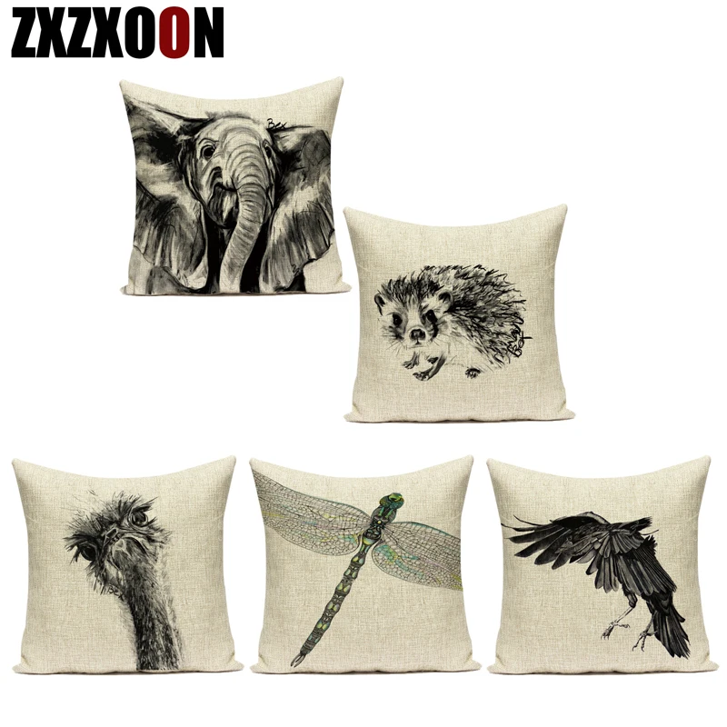 

Декоративный чехол для подушки, черно-белый чехол для подушки с животными, слон, ежик, жираф, Полиэстеровая наволочка для подушки для гостин...