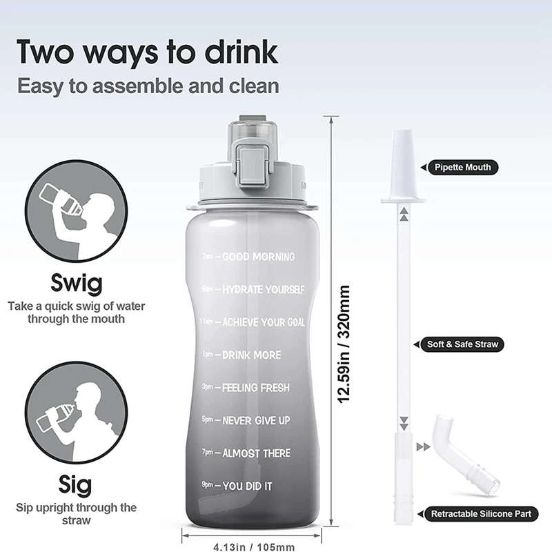 Спортивная бутылка для воды с маркером времени и соломинкой из тритана объемом 64