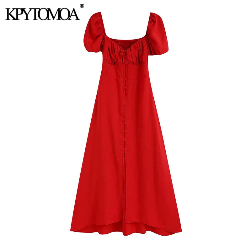 

KPYTOMOA Women 2021 Chic Fashion With Buttons Midi Dress Vintage Puff Sleeves Back Smocked Detail Female Dresses Vestidos Mujer