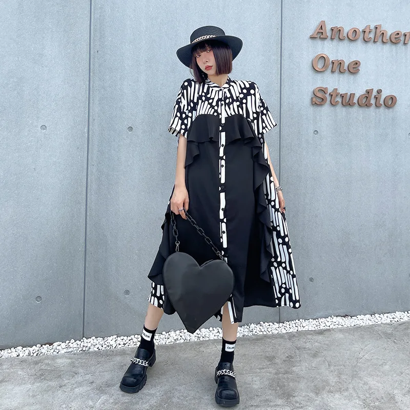 

Женское прямое платье с воротником-стойкой, черное платье с оборками и геометрическим принтом, лето 2021