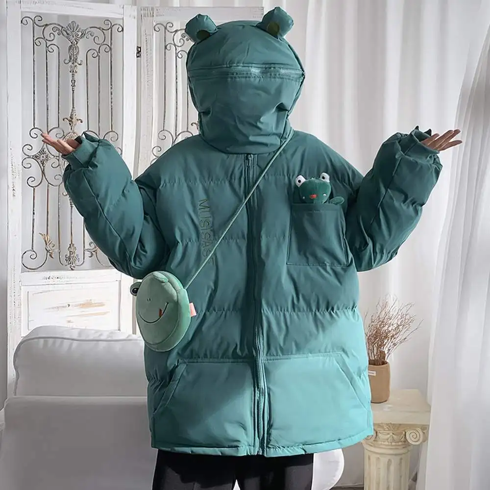 

Winter Funny Frog Jacket Doudoune Noir Hooded Zipper Padded Parkas Kawaii Black White Green Cartoon Coats Women Men Clothing