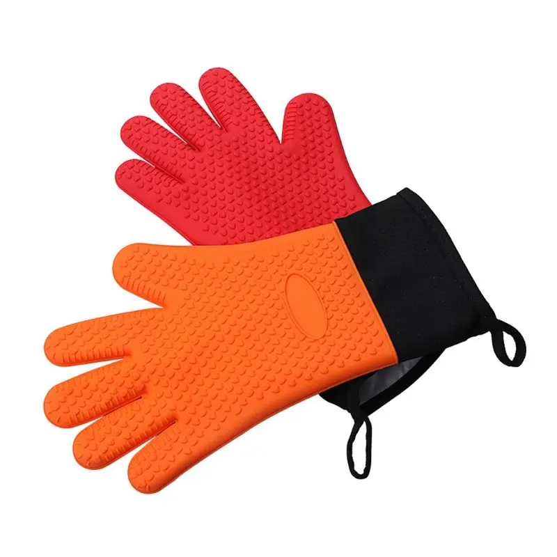 

449C 1Pc Food Grade Thick Heat Resistant Silicone Glove Full Fingered Baking BBQ Anti-Skid Oven Cooking Mittens Non-Slip Cotton