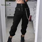 Женские шаровары на молнии, повседневные однотонные черные штаны с цепочкой, длинные капри в стиле хип-хоп, готика, Харадзюку