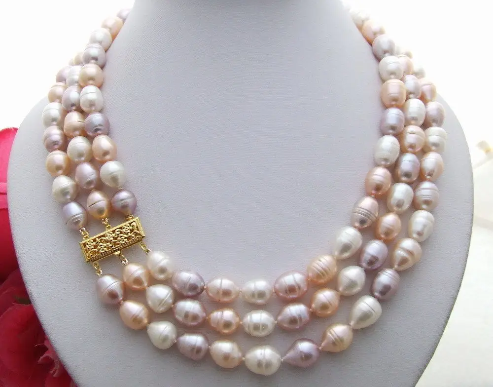 Красивое Ожерелье из 3 полос натурального разноцветного риса 9-10 мм