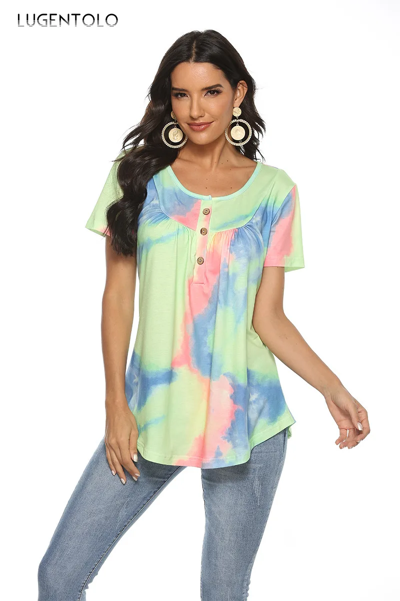 

Women Harajuku T-shirt Summer Short Sleeve Top O-neck Button Tie-dye Loose Casual Tee Lady Fashion T-shirts Lugentolo