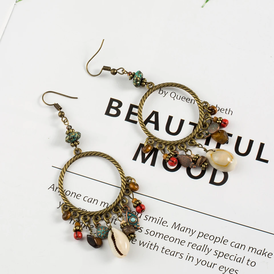 Богемные ракушки деревянные камни бусины Серьги Этнические классические Бохо
