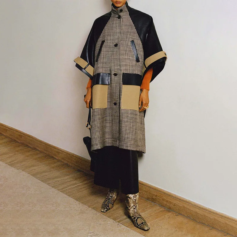 

winter woman jacket leather PU coating houndstooth wool woolen coat 2020New women's clothing long-sleeved warm jacket leather XL