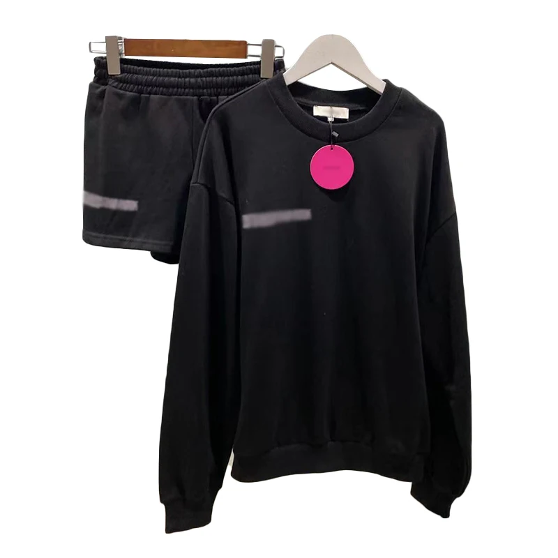 

VGH Solid Loose Two Piece Set For Women O Neck Long Sleeve Sweatshirt High Waist Wide Leg Shorts Casual White Sets Female New