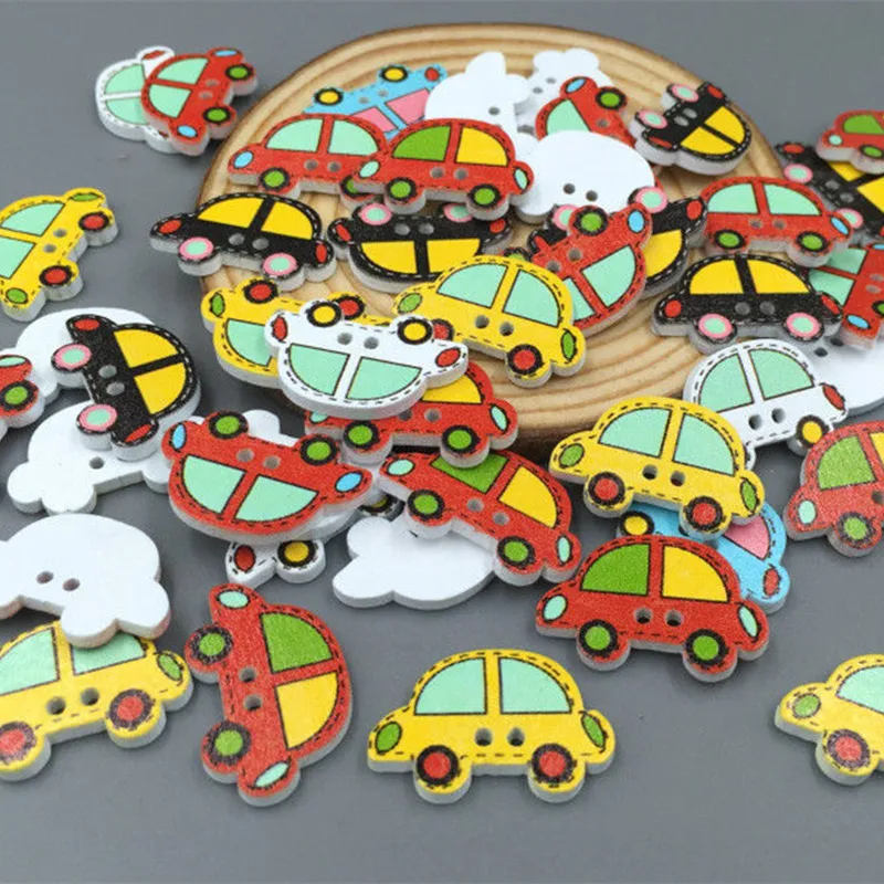 DIY 100 шт деревянные Мультяшные пуговицы для автомобиля с 2 отверстиями шитья