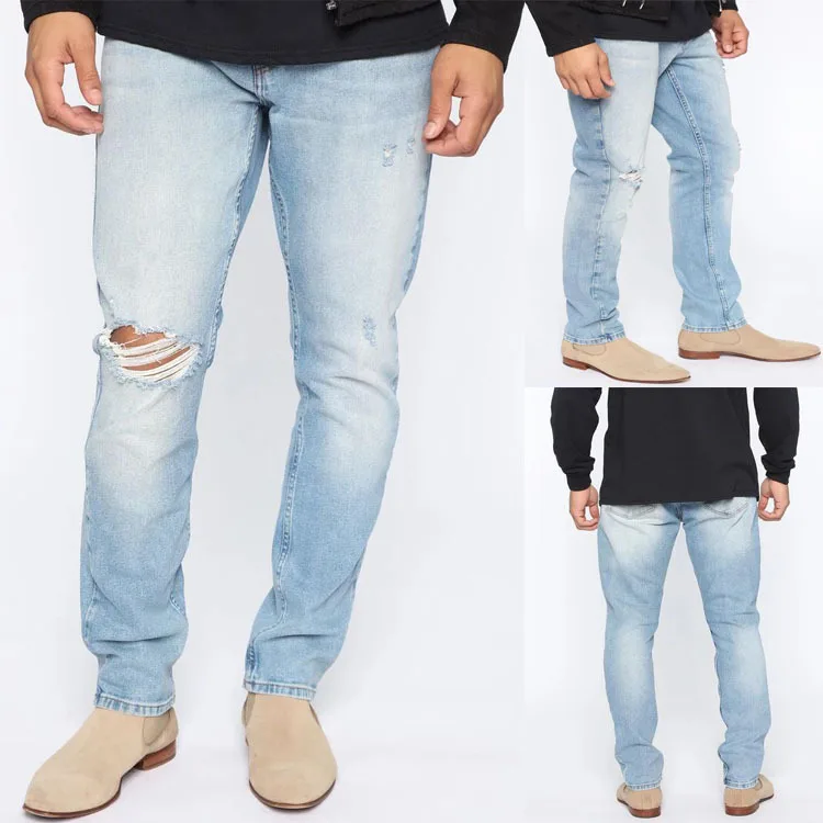 Хлопковые простые Стильные новейшие мужские рваные джинсы Прямые повседневные